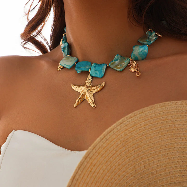 Woven Blue Stone Ocean Charms Necklace