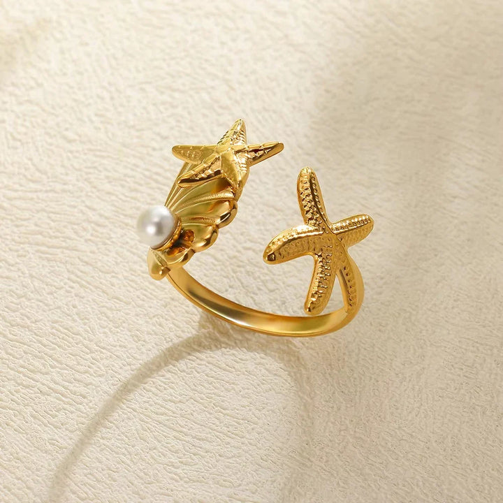 Gold Starfish & Shell Open Ring
