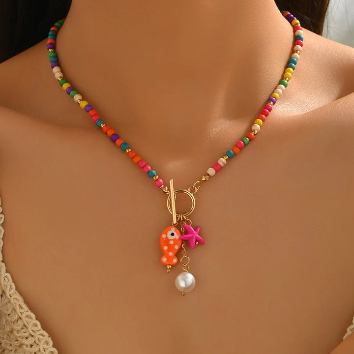 Rainbow Bead Sea Charm Necklace