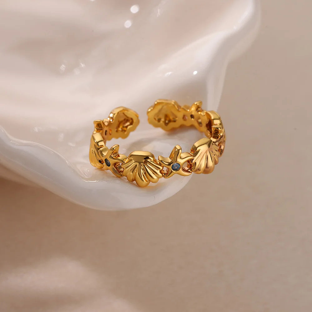 Gold Starfish & Shell Open Ring