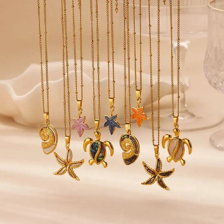 Gold Stainless Steel Starfish Sea Turtle Necklace