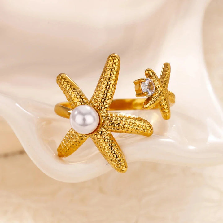 Gold Starfish & Shell Open Ring