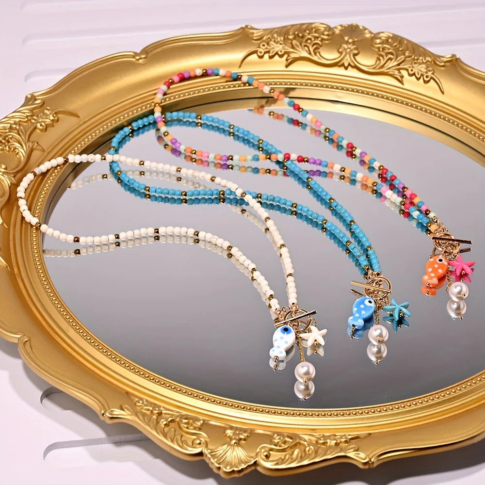 Rainbow Bead Sea Charm Necklace