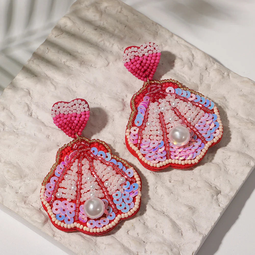 Starfish Conch Seed Bead Drop Earrings