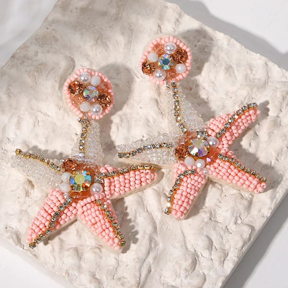 Starfish Conch Seed Bead Drop Earrings