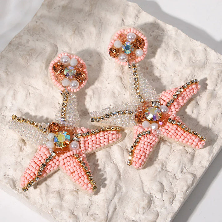 Starfish Conch Seed Bead Drop Earrings