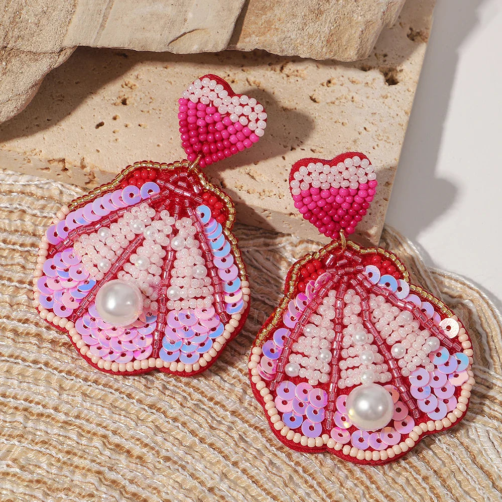 Starfish Conch Seed Bead Drop Earrings