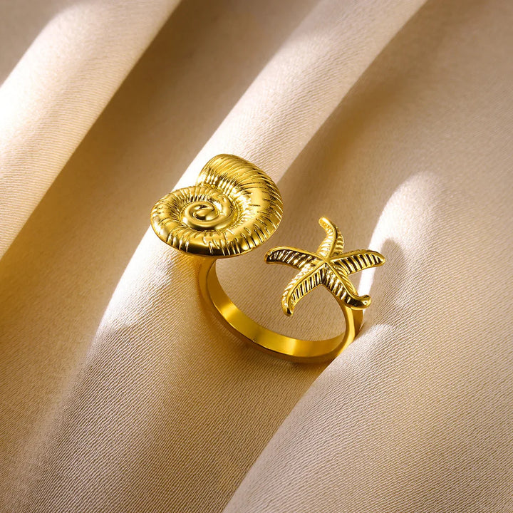Gold Starfish & Shell Open Ring