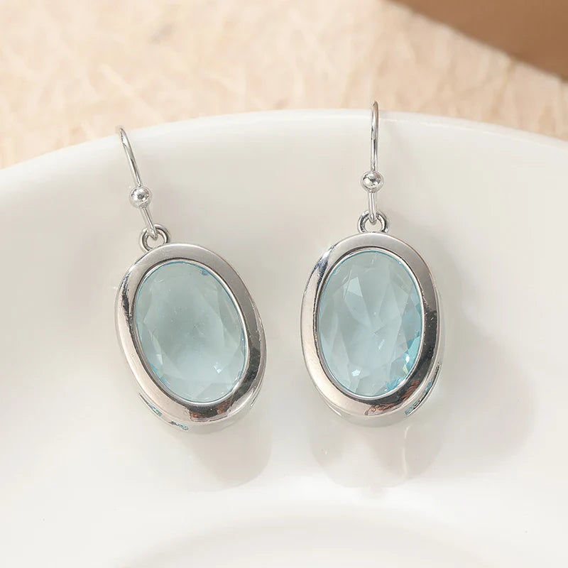 Silver Oval Sea Blue Dangle Earrings