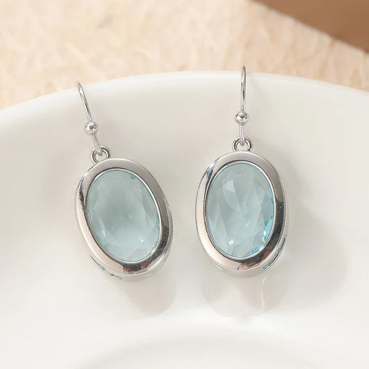 Silver Oval Sea Blue Dangle Earrings