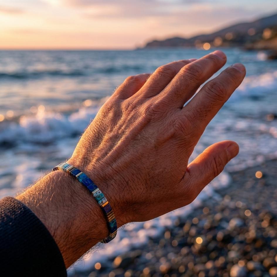 Lapis Lazuli Wave Brass Bracelet