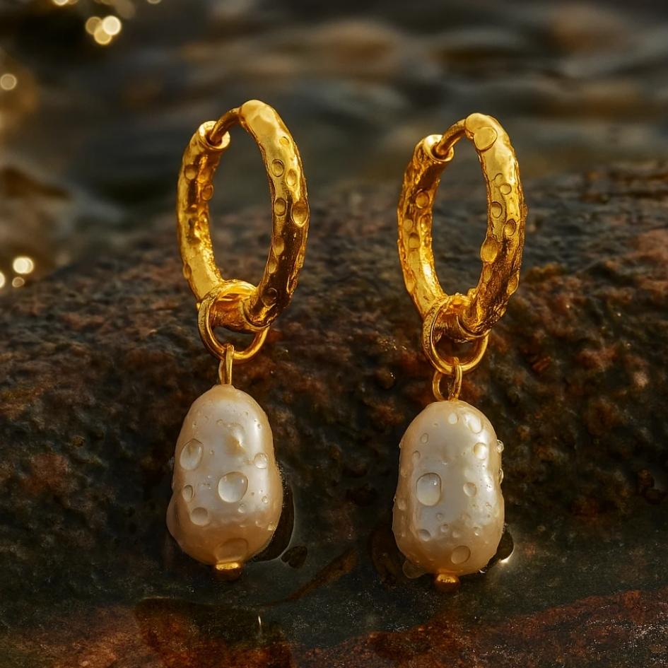 Gold Hammered Pearl Drop Earrings