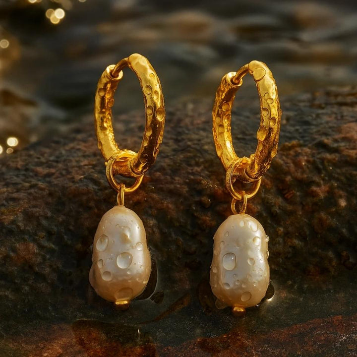 Gold Hammered Pearl Drop Earrings